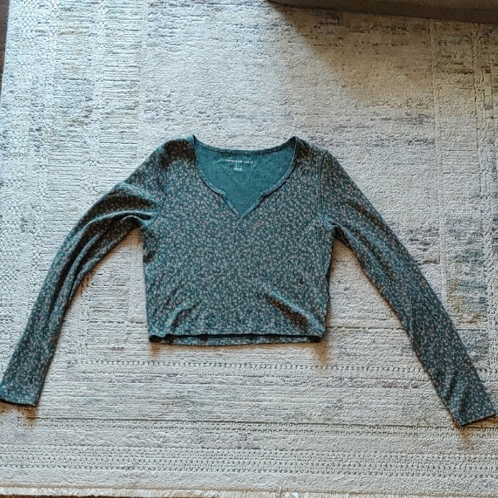 🍁2 For 20! AEO Green Fitted Waffle Long Sleeve Crop Top